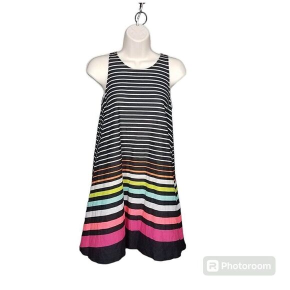 Derek Heart Small Pull On Sleeveless Shift Dress Black Rainbow Stripe Stretch S - Picture 1 of 10